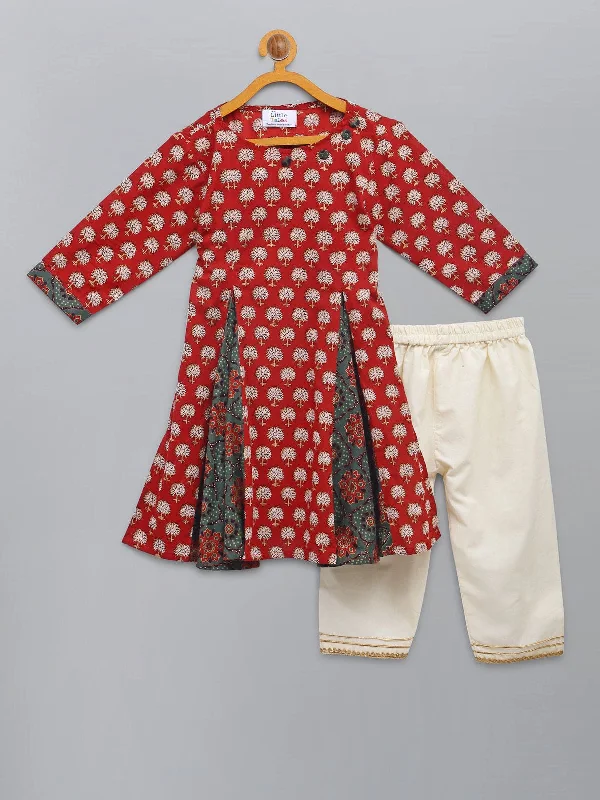 Pre-Order: Red Printed Godet Kurta with Off-white Pajama