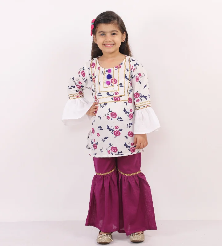 Pre-Order: White Printed Kurta with Sharara