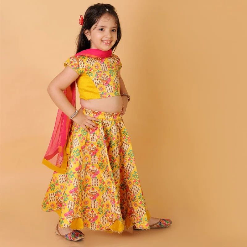 Yellow Position Print Silk Lehenga