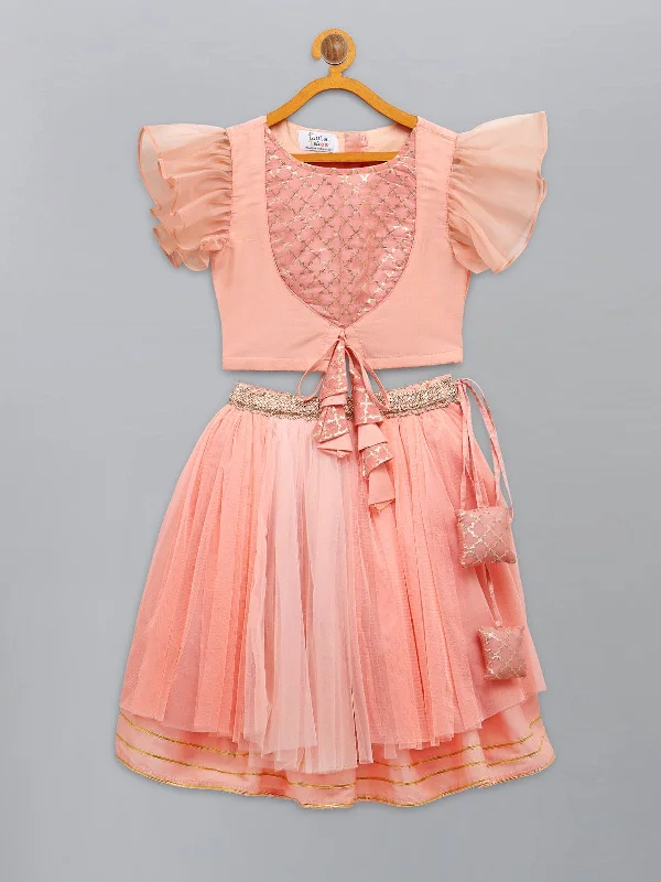 Pre-Order: Peach frilly top with Double layered net Lehenga