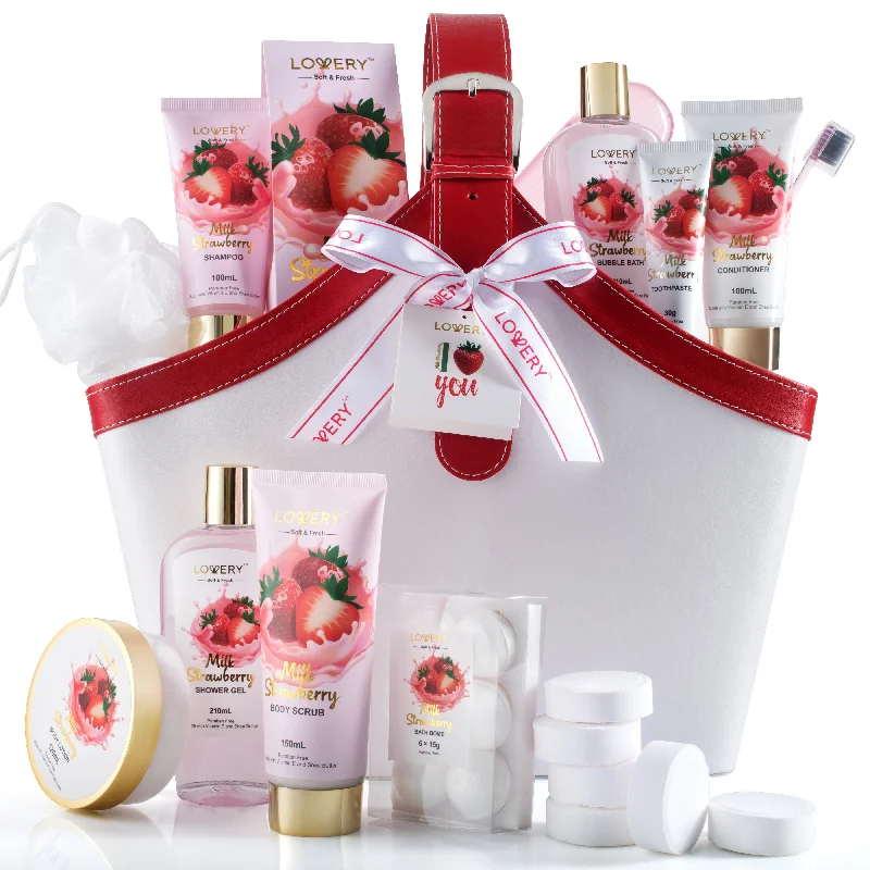 Home Spa Kit Gift Set – Strawberry Milk Scented Bath Set - 25Pcs - in a Leather Tote Bag