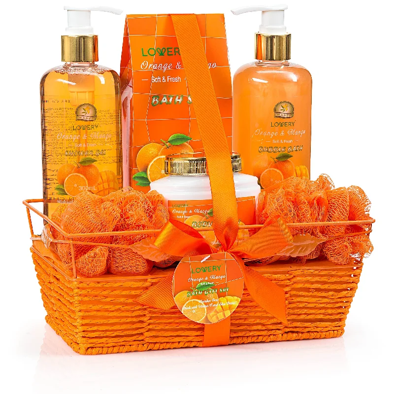 Lovery Home Spa Gift Basket - Orange & Mango Scent - 7 pc Bath and Body set