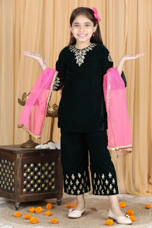 Pre-Order: Velvet Suit with Zari Embroidery on Top and Bottom and Net Dupatta