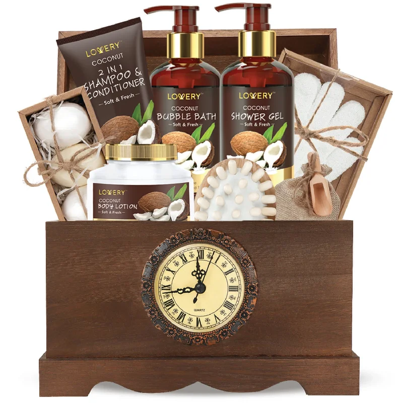 Luxury Bath Gift Set in a Vintage Style Wooden Clock Box – 13 Pc Premium Coconut