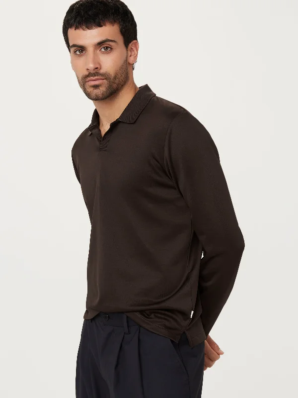 The Long Sleeve Johnny Collar Polo in Dark Chocolate