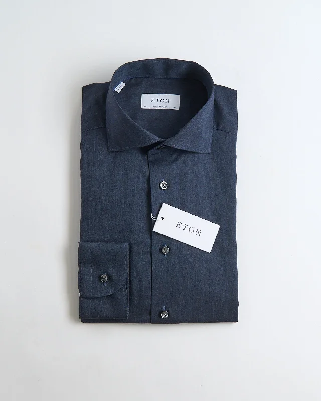 Navy Blue Herringbone Wrinkle Free Flannel Contemporary Shirt