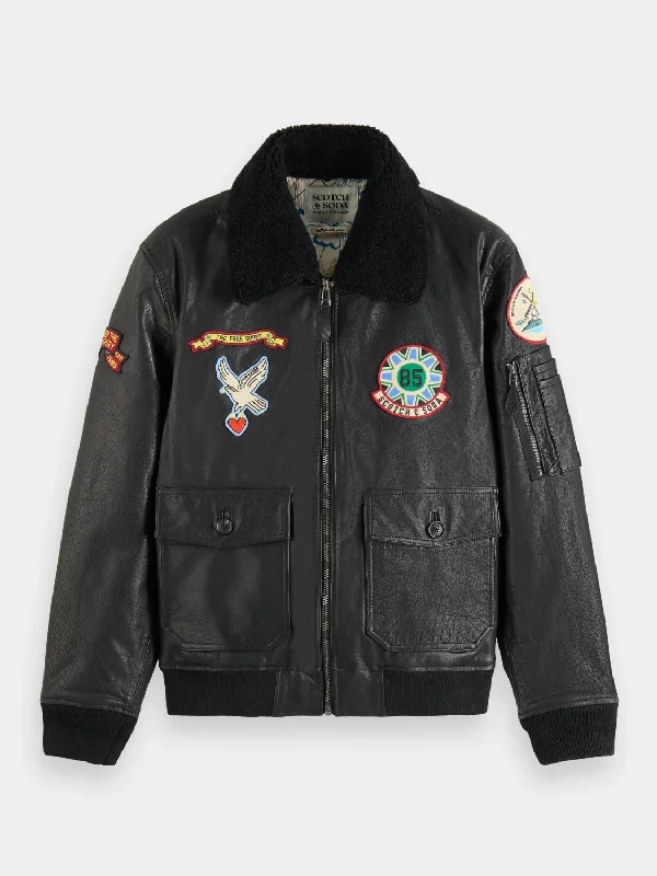 Leather bomber jacket with detachable teddy collar