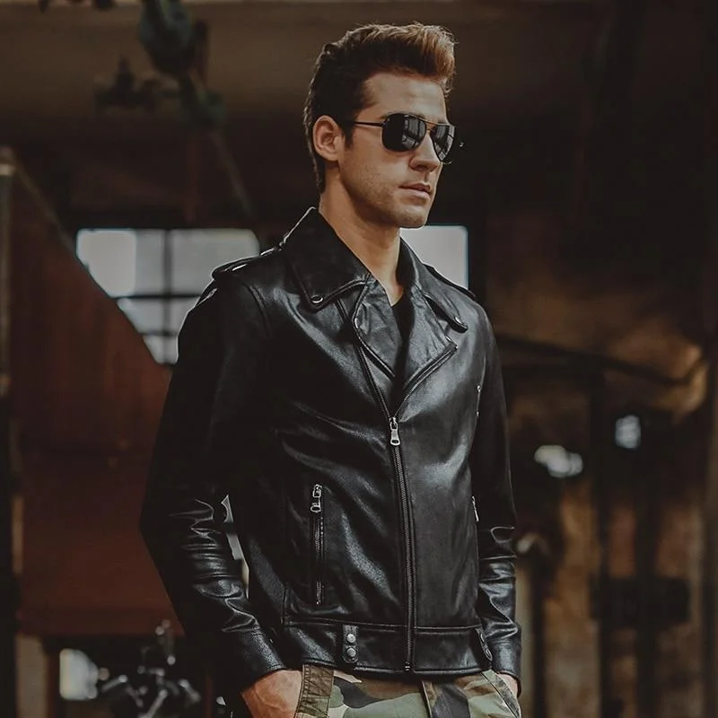 Men's Black Real Pigskin Leather Motorcycle Jacket for Winter