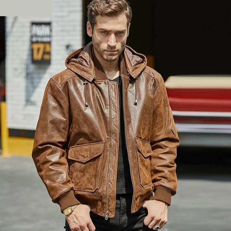 Men's Genuine Leather With A Removable Hood Warmer Brown Jacket