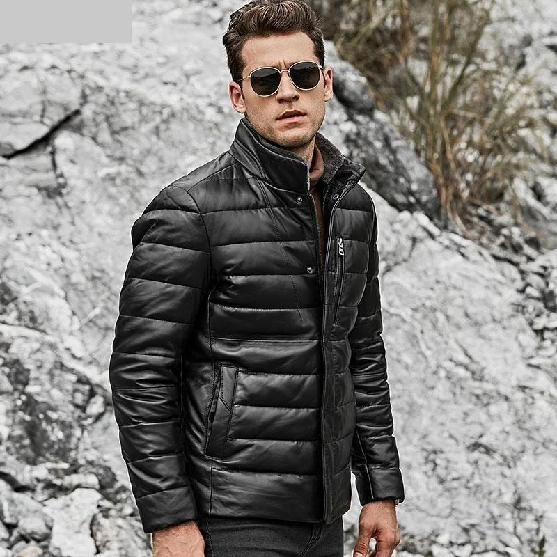 Men's Lambskin Fur Collar Duck Down Genuine Leather Winter Jacket