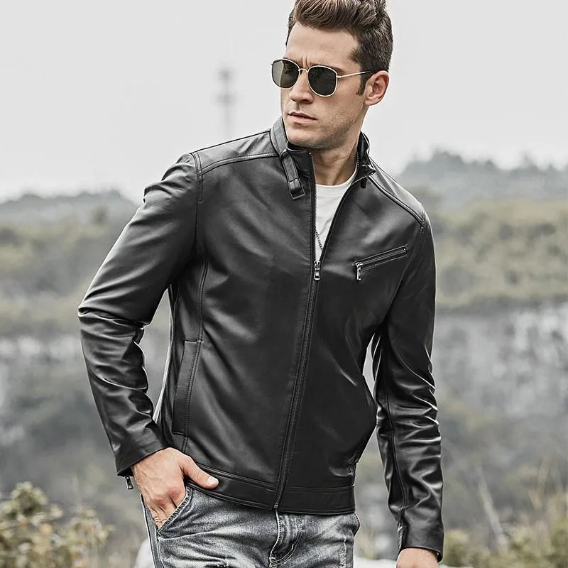 Men's Lambskin Motorcycle Slim Fit Stand Collar Real Leather Jacket