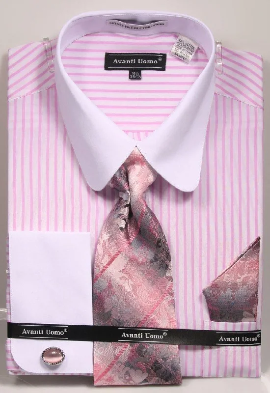 Men's Pink PinStripe Shirt Set with white Rounded Collar