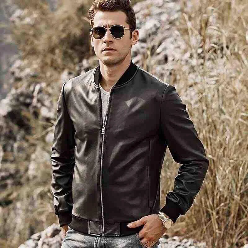 Men's Real Leather Baseball Lambskin Genuine Leather Slim Fit Jacket