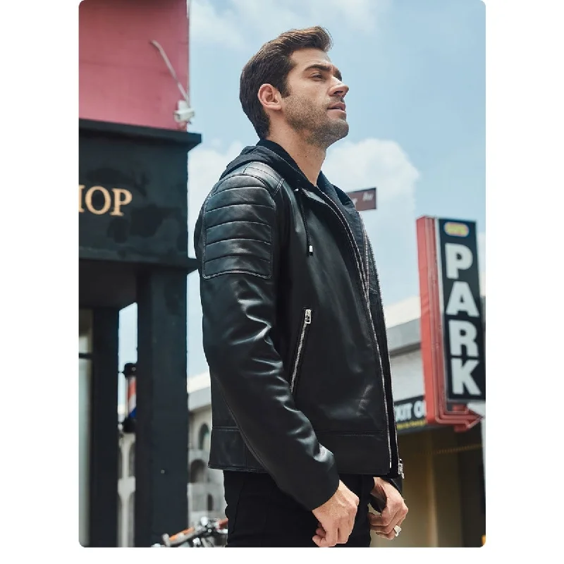 Men's Removable Hood Black Real Sheepskin Leather Motorcycle Jacket