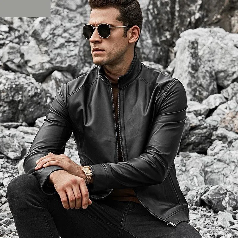 Men's Slim Fit Warm Motorcycle Lambskin Standing Collar Jacket