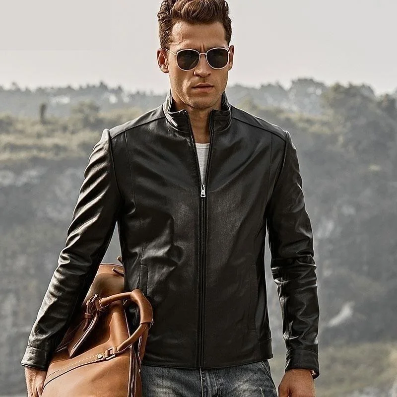 Motorcycle Lambskin Slim Fit Genuine Leather Standing Collar Coat for Men