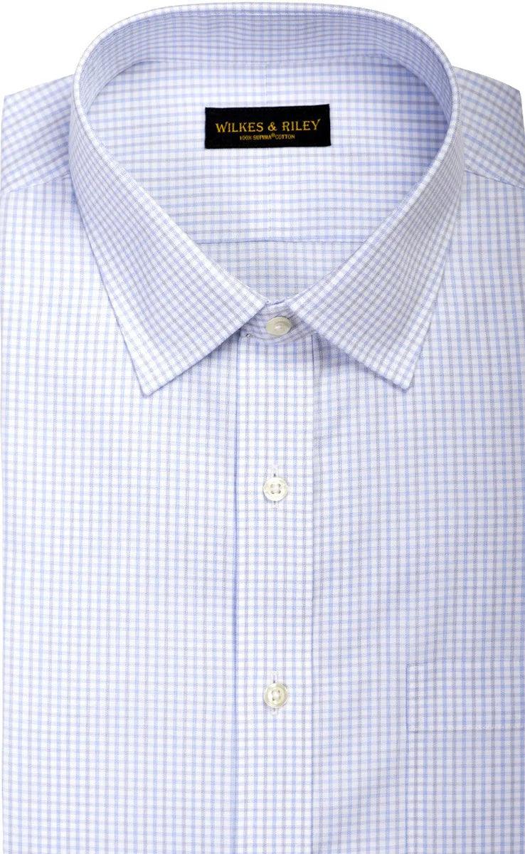 Wilkes and Riley Classic Fit Sky/Grey Twill Check Spread Collar Supima Cotton Non-Iron Dress Shirt