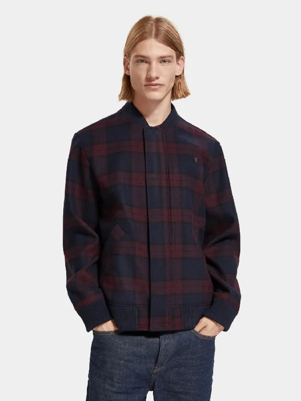 Wool blend check bomber jacket