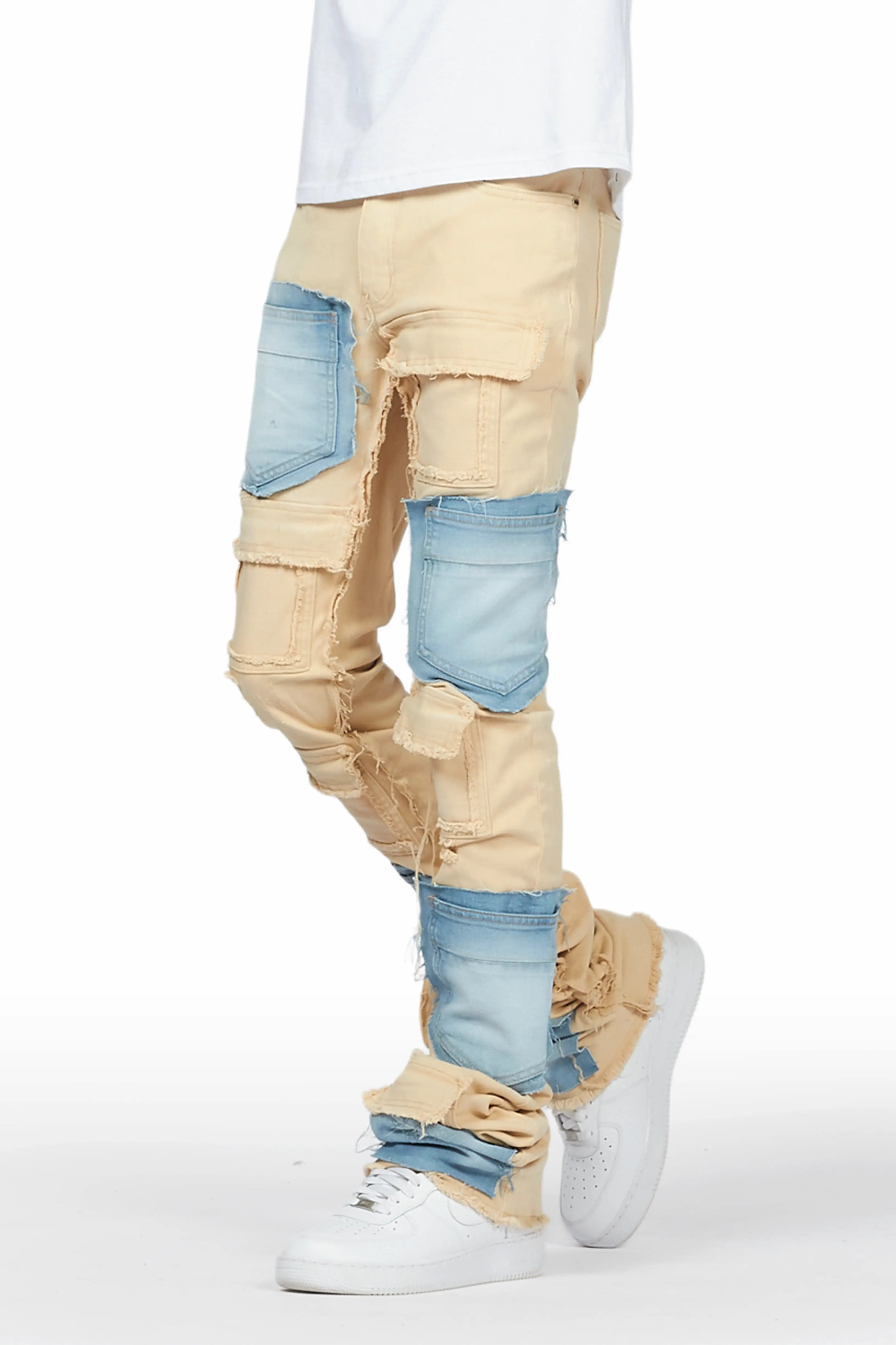 Heath Beige/Blue Patchwork Super Stacked Flare Jean