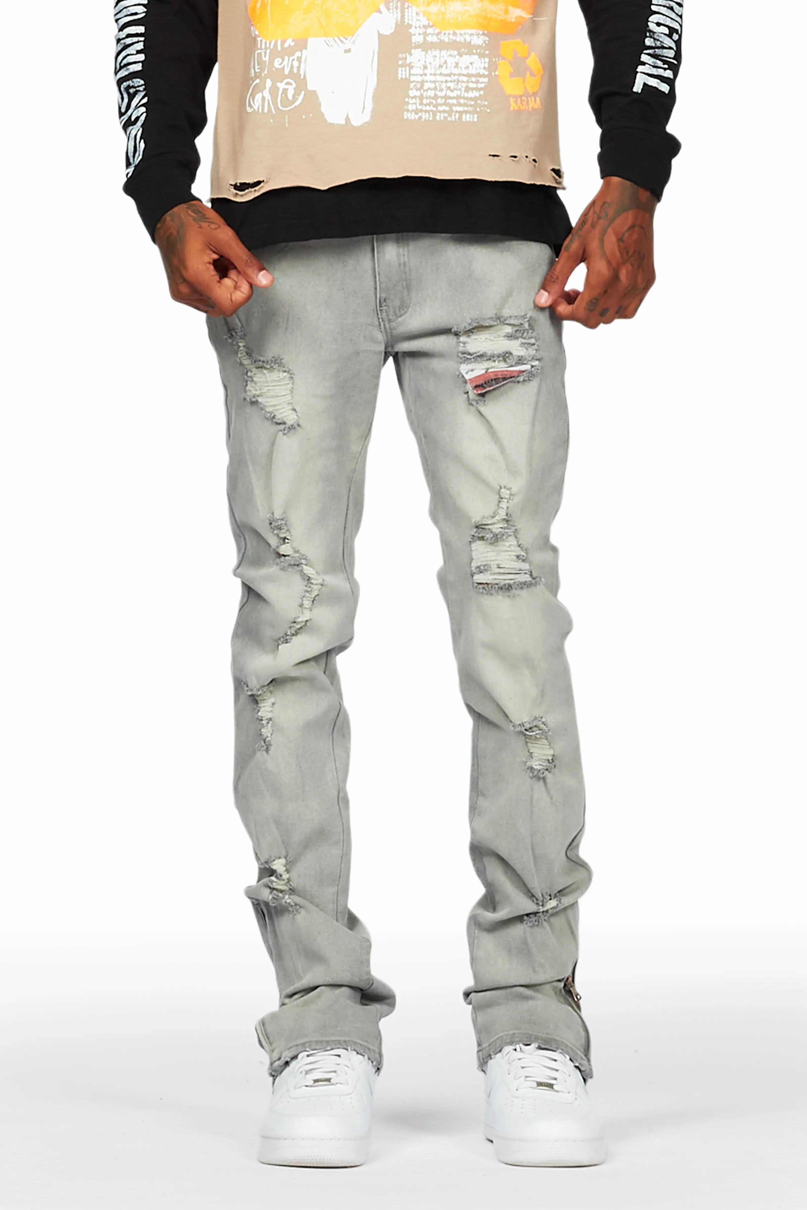 Ezio Light Grey Stacked Flare Jean