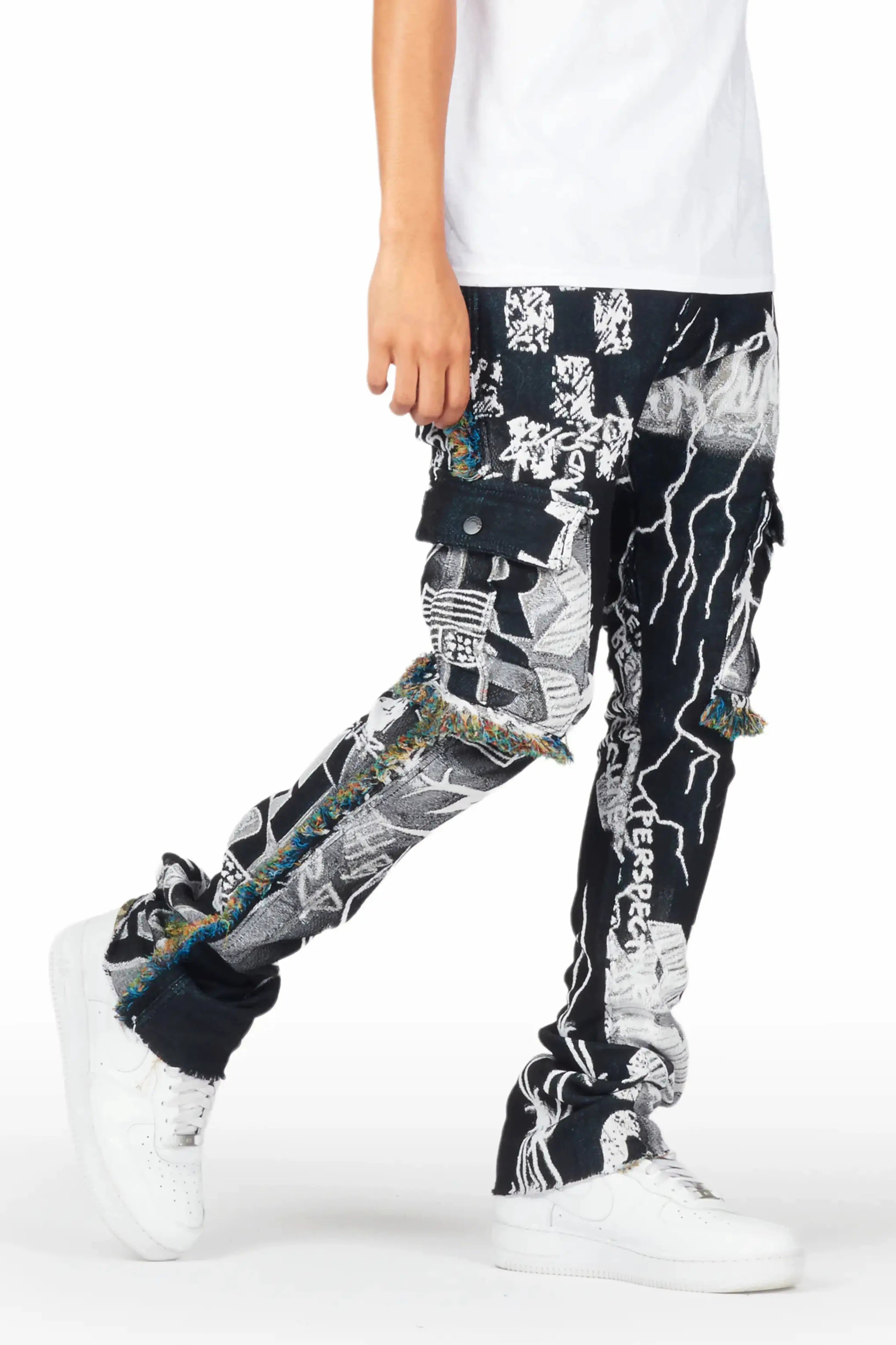 Zane Black/White Tapestry Stacked Flare Jean