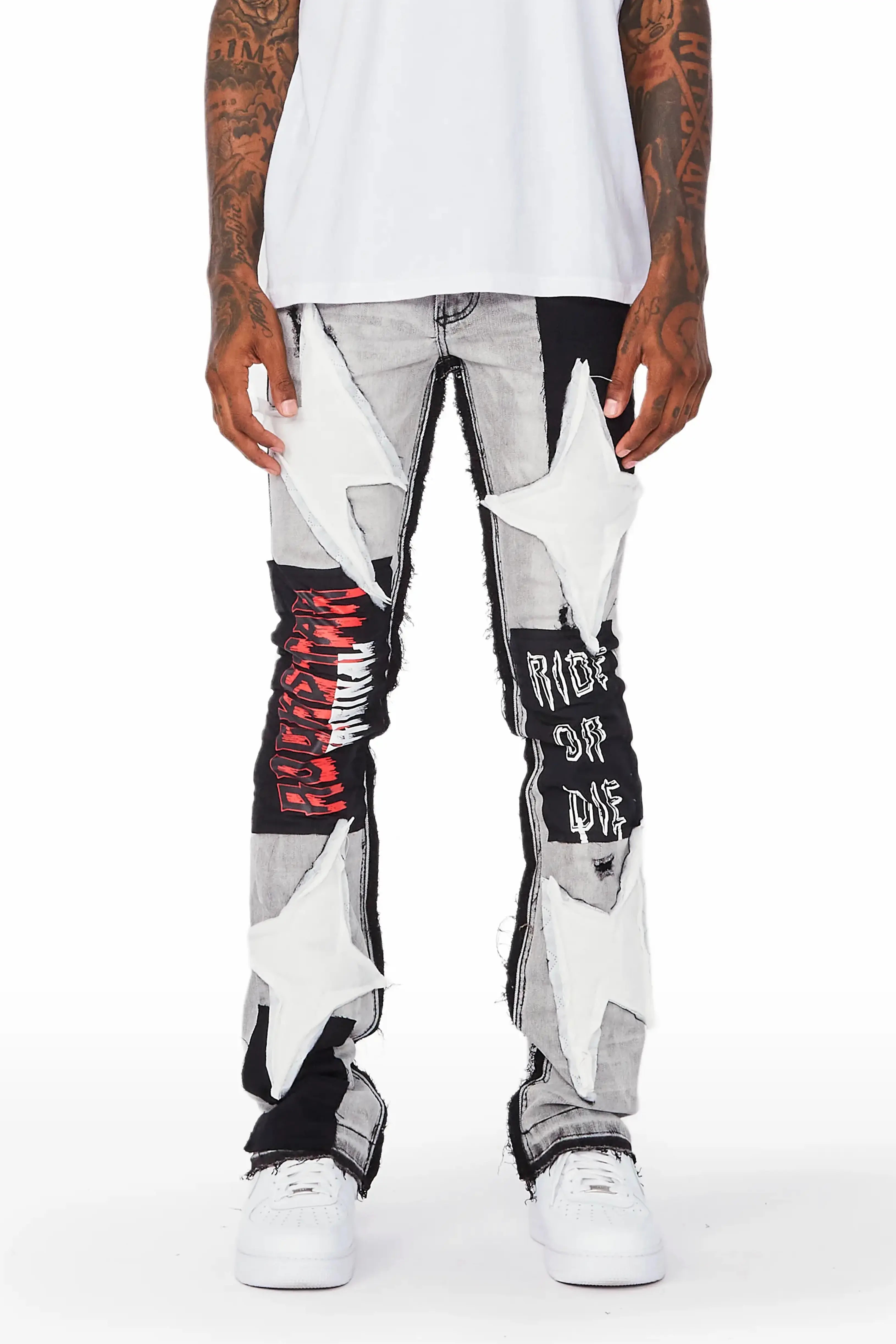 Rhys Light Grey Patchwork Stacked Flare Jean