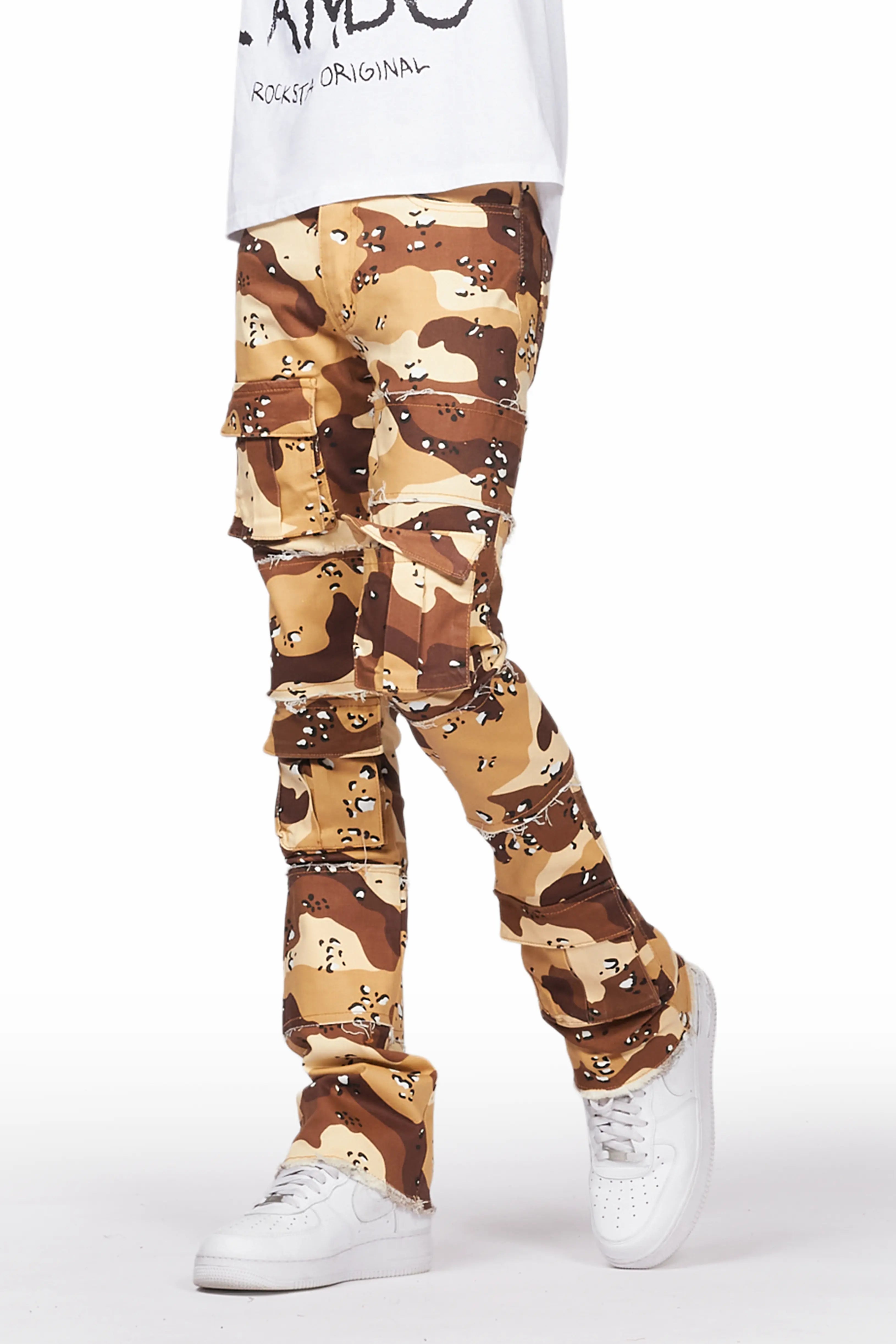 Duggar Beige Camo Cargo Stacked Flare Jean