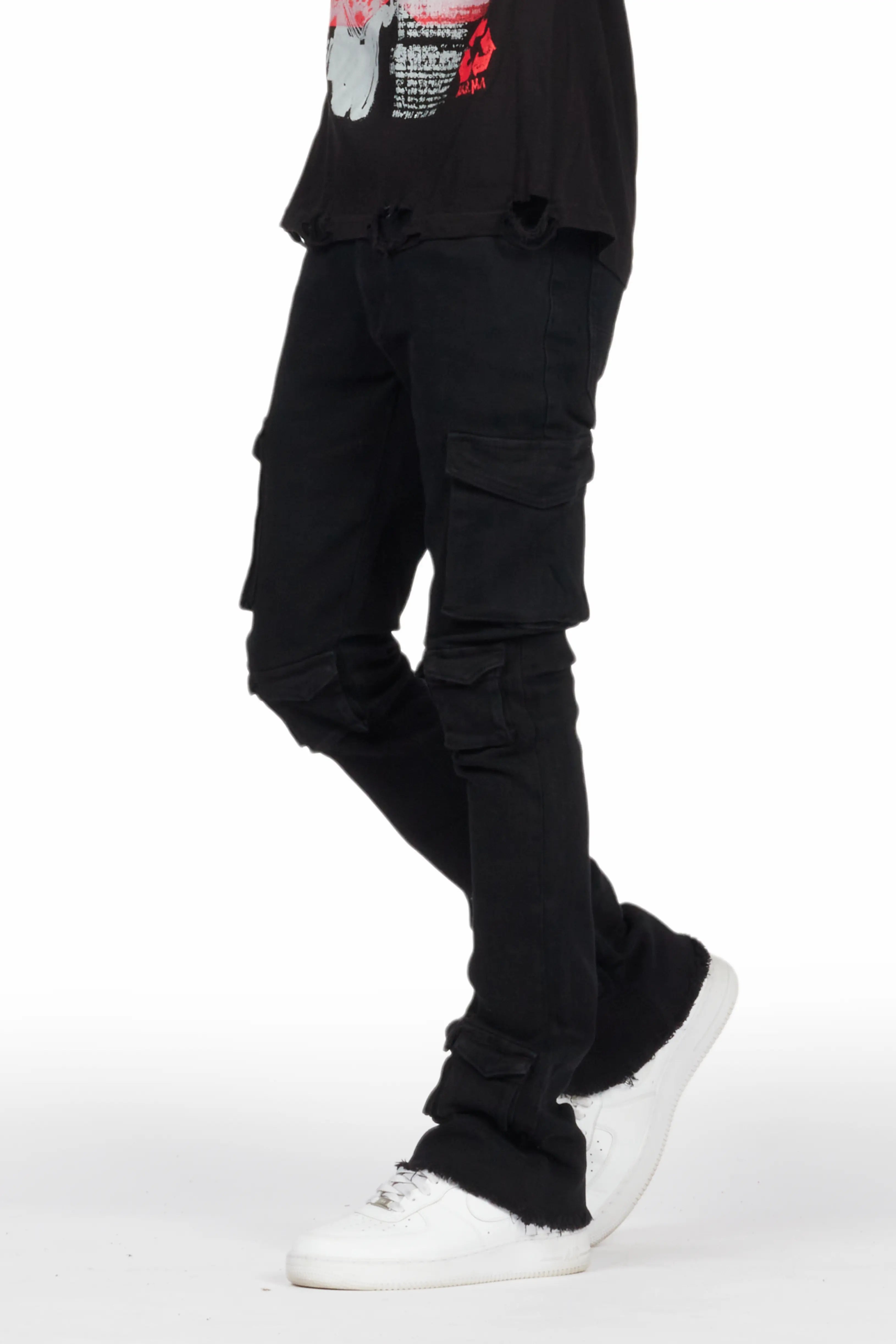 Feodor Black Stacked Flare Cargo Jean