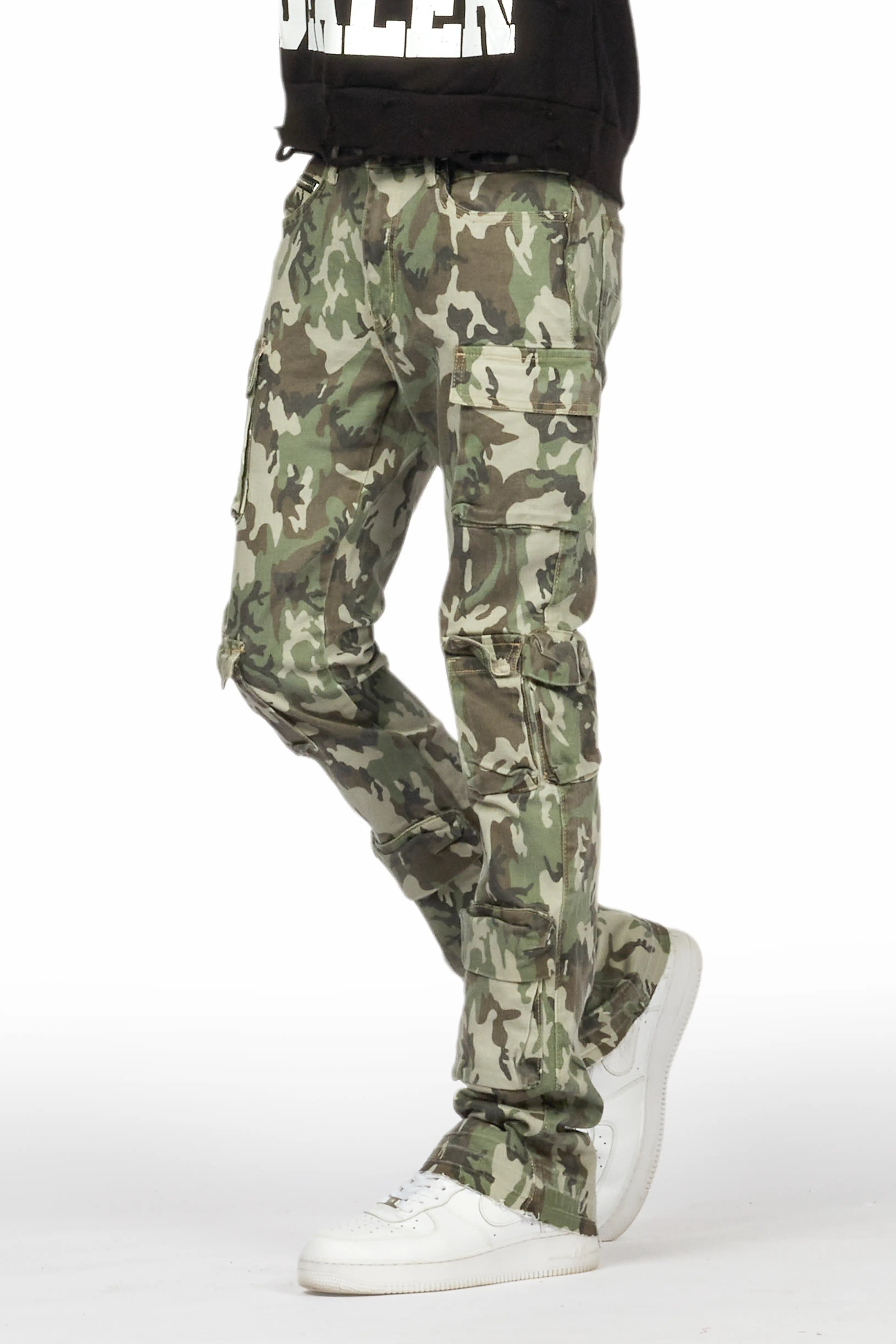 Yves Green Camo Stacked Flare Cargo Jean