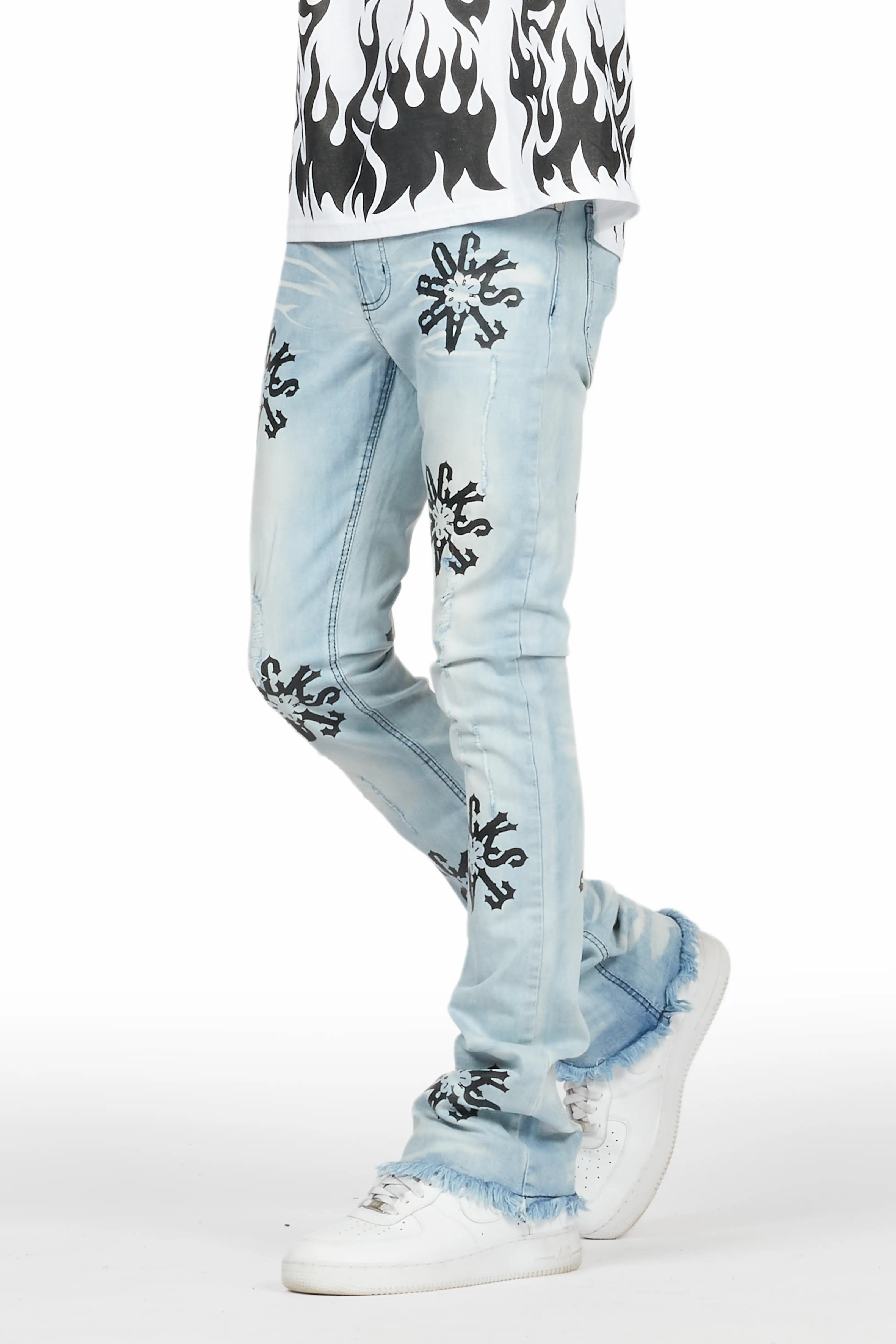 Neige Blue/ Black Graphic Stacked Flare Jean