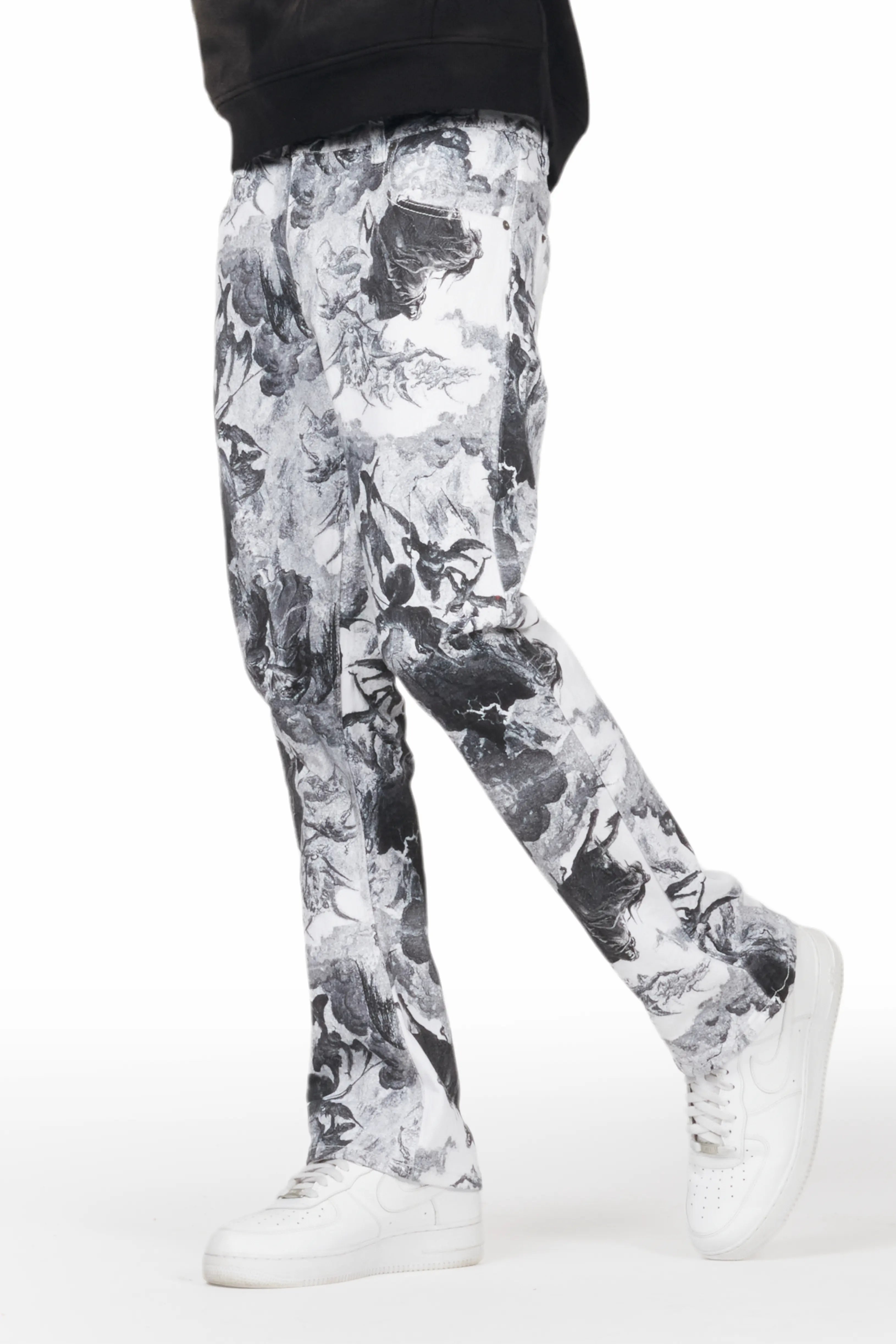 Jacop White Printed Stacked Flare Jean