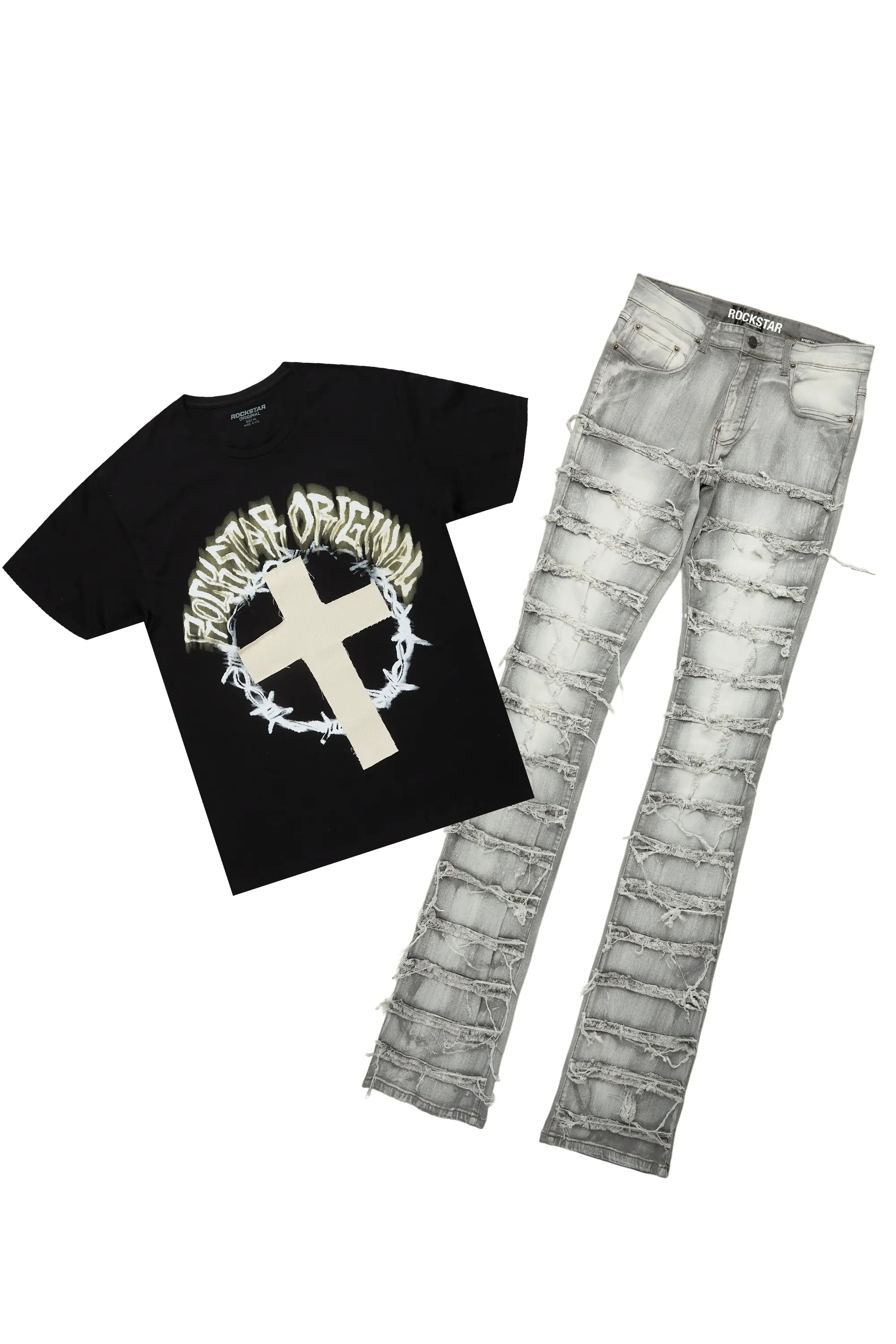 Adino Black/Grey T-Shirt Stacked Flare Jean Bundle