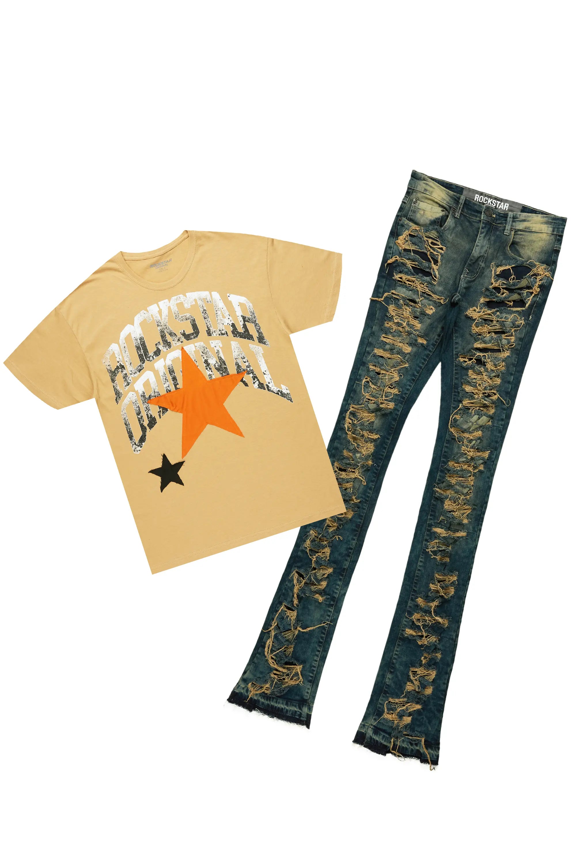 Dasan Beige T-Shirt Stacked Flare Jean Bundle