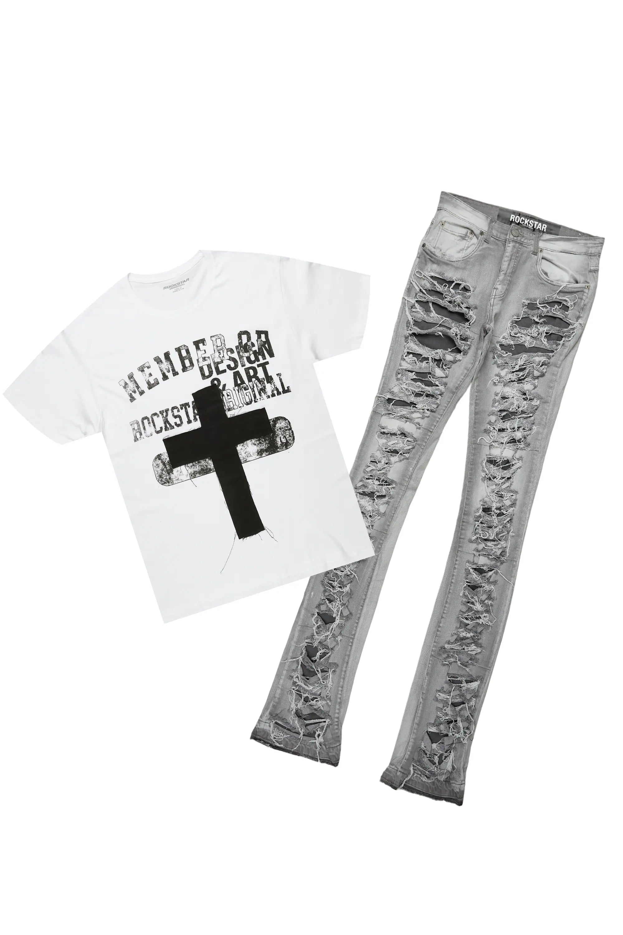 Frago White/Grey T-Shirt Stacked Flare Jean Bundle