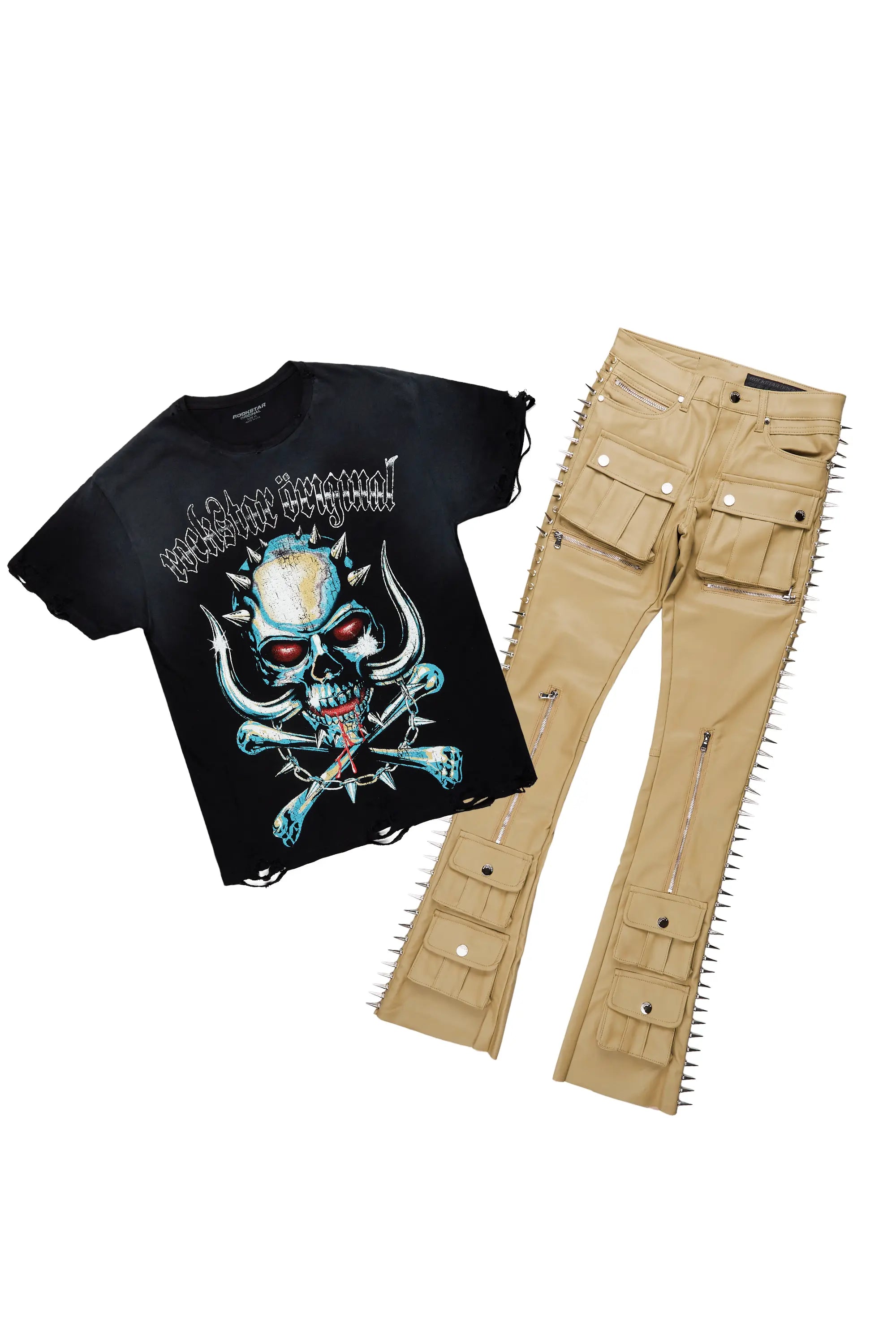 Inner Luv Black Oversized T-Shirt & Leopold Beige PU Stacked Flare Jean Bundle