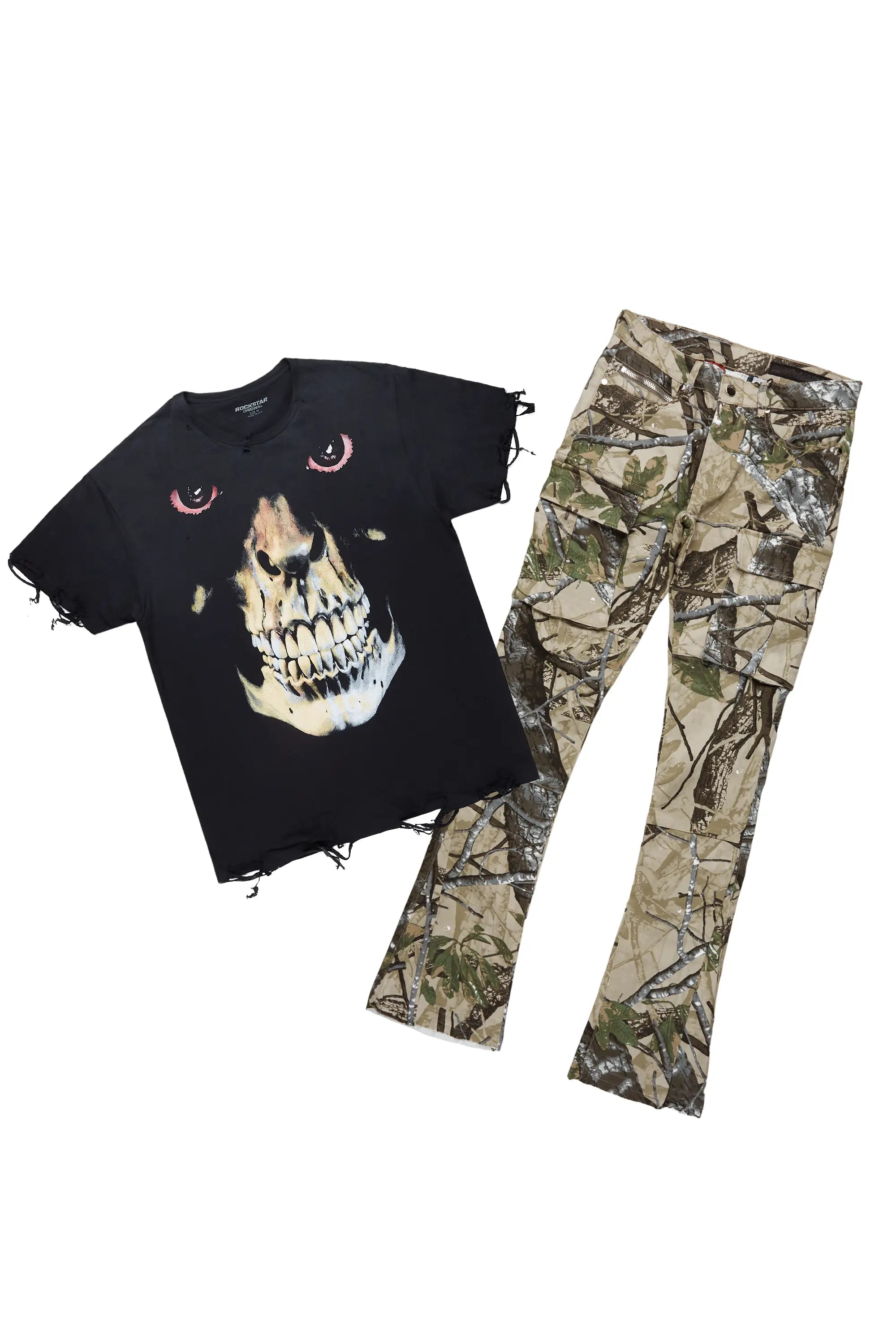 Dunebi Black Oversized T-Shirt & Merrik Tree Camo Stacked Flare Jean Bundle