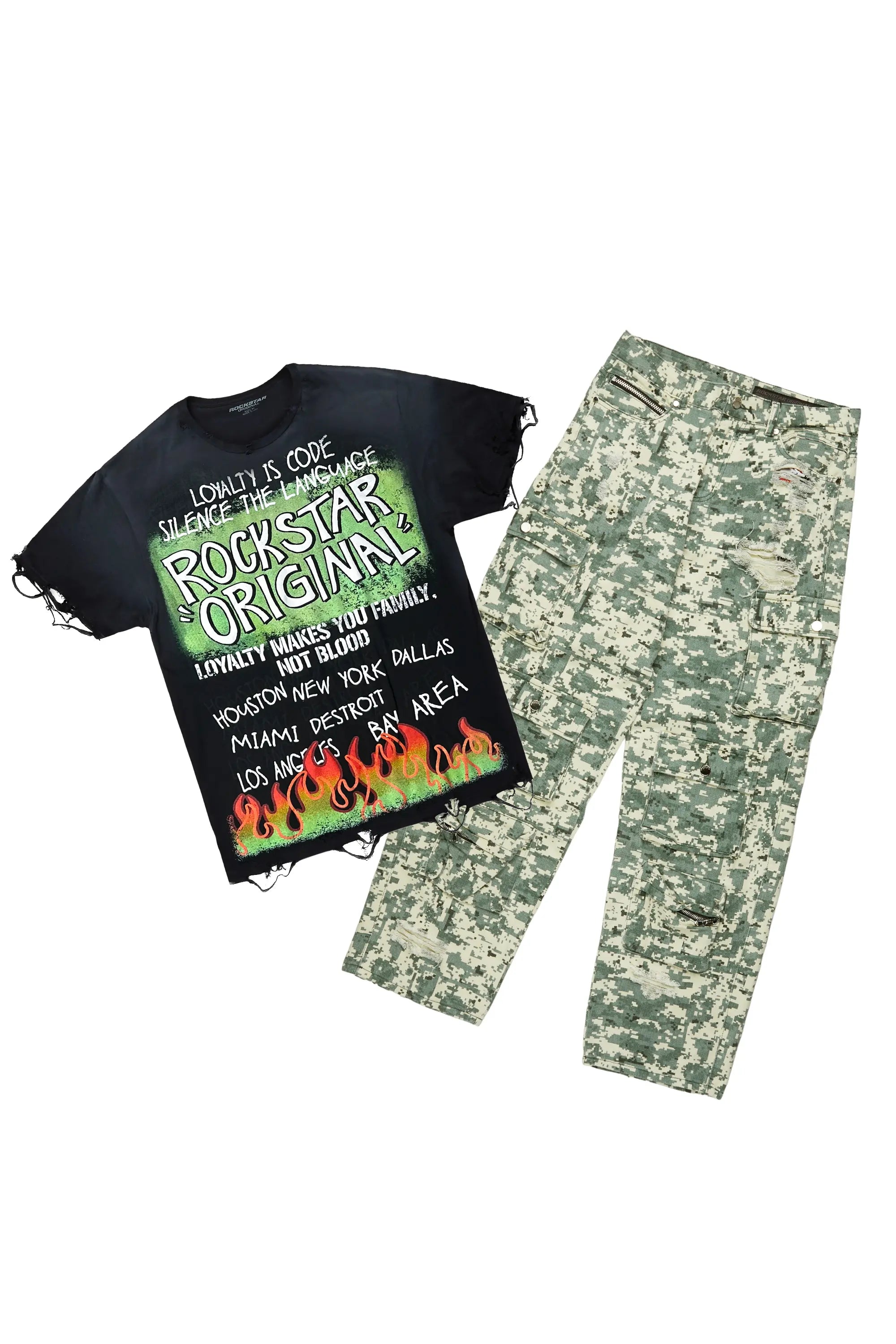 Beno Black Oversized T-Shirt & Kostini Camo Baggy Jean Bundle